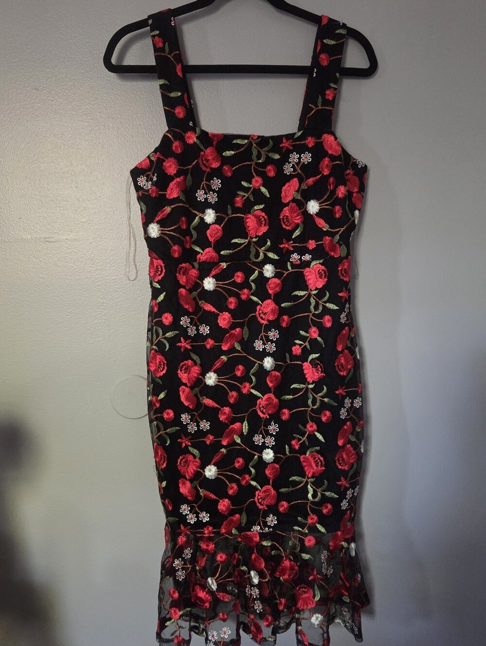 Impressions Women's Black Floral Embroidered Sheer Ruffled Midi Dress Sz M - Picture 5 of 12